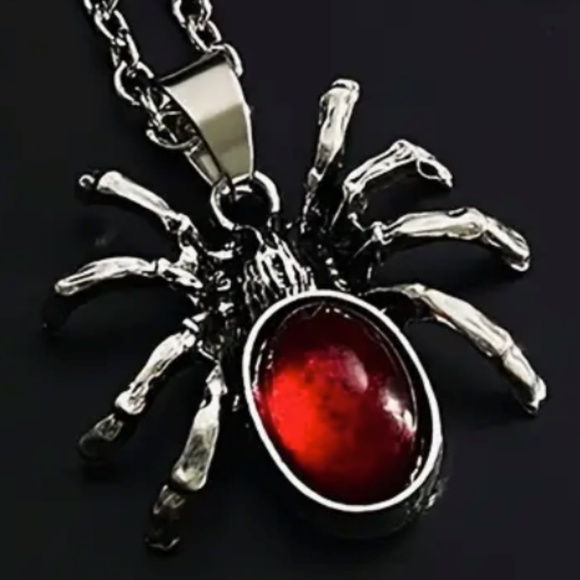 Gothic Vintage Style Spider Pendant Necklace with Red Faux Gemstone - Picture 4 of 4